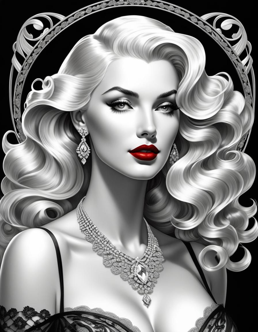 Glamorous Art Nouveau Graphite Drawing of Blonde Woman