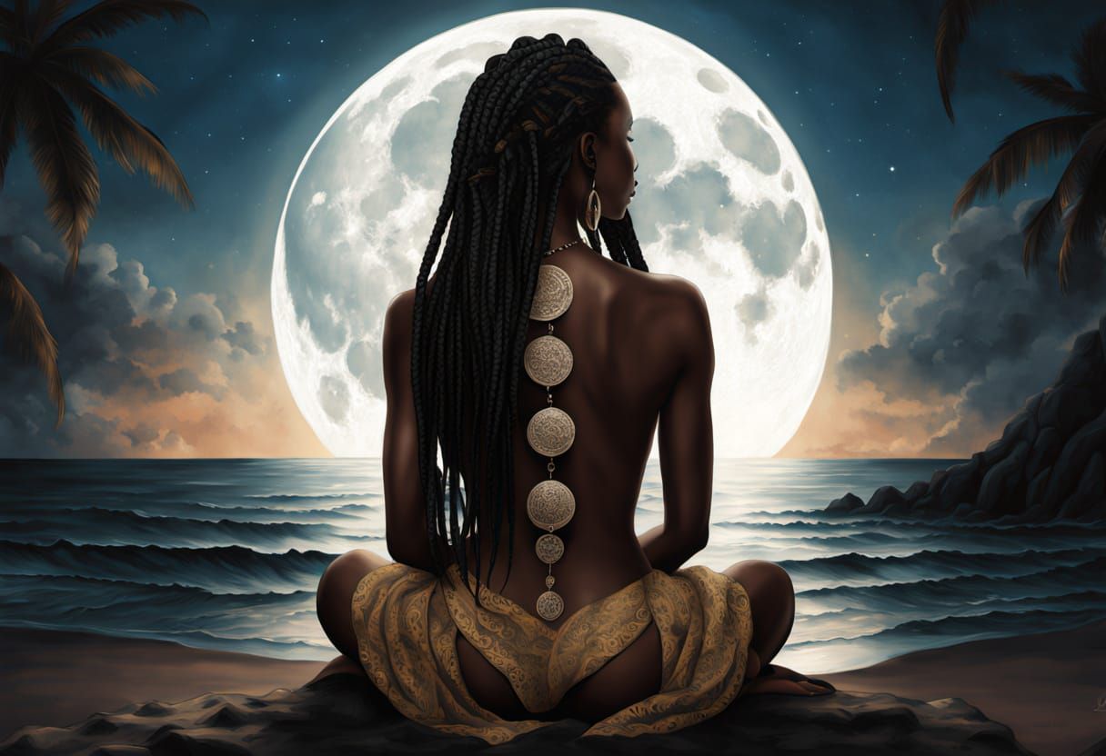 Mystical Fantasy: Jamaican Woman Meditating Under Moon