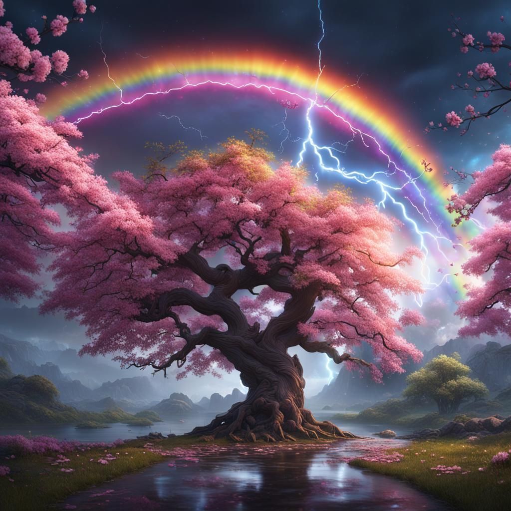 Rainbow Lightning Over Cherry Blossom Tree in Fantasy Art