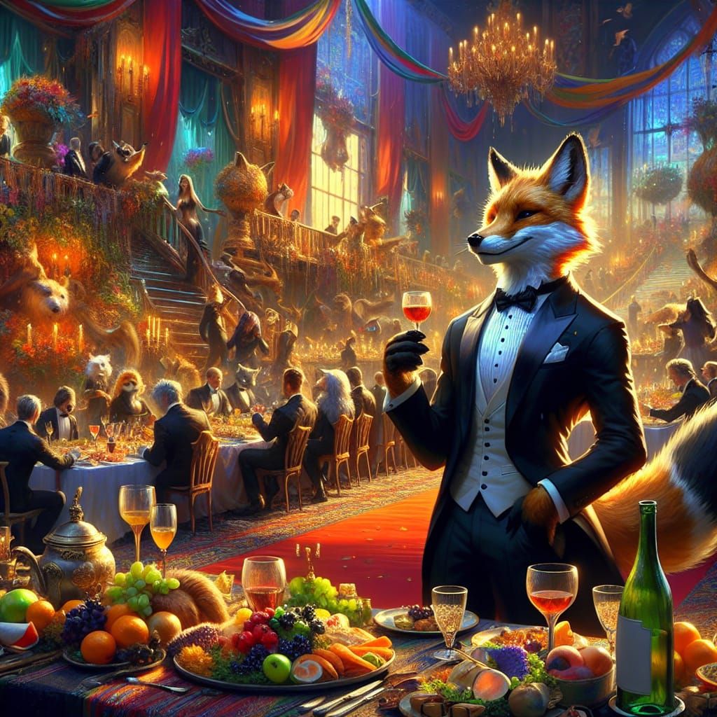Dapper Fox in Tuxedo at Grand Dinner Party
