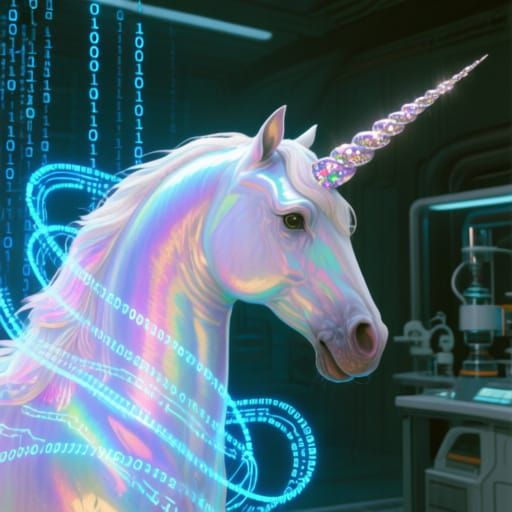 Unicorn in Futuristic Lab, Digital Art Style