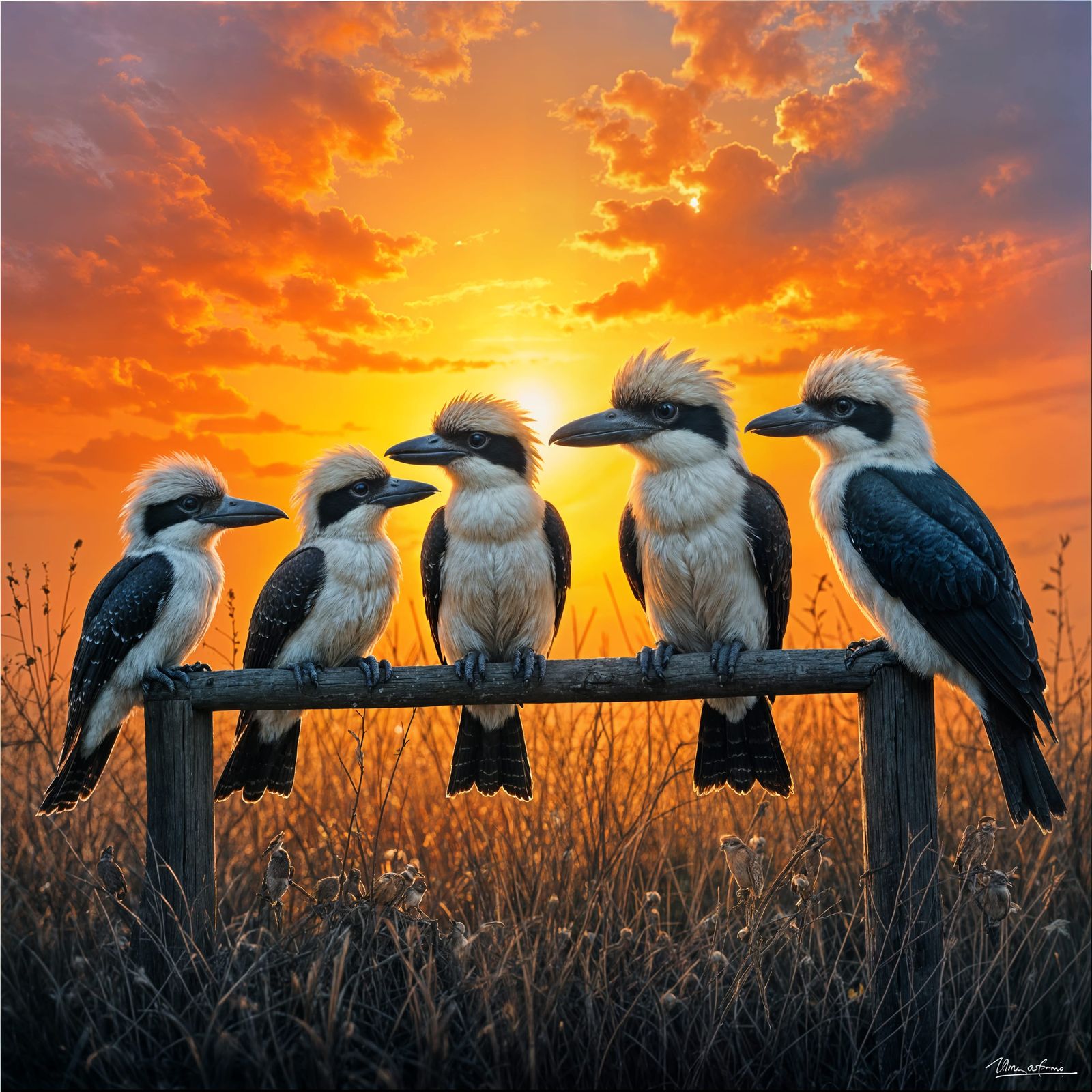 Kookaburra Family Silhouetted on Sunset Fence