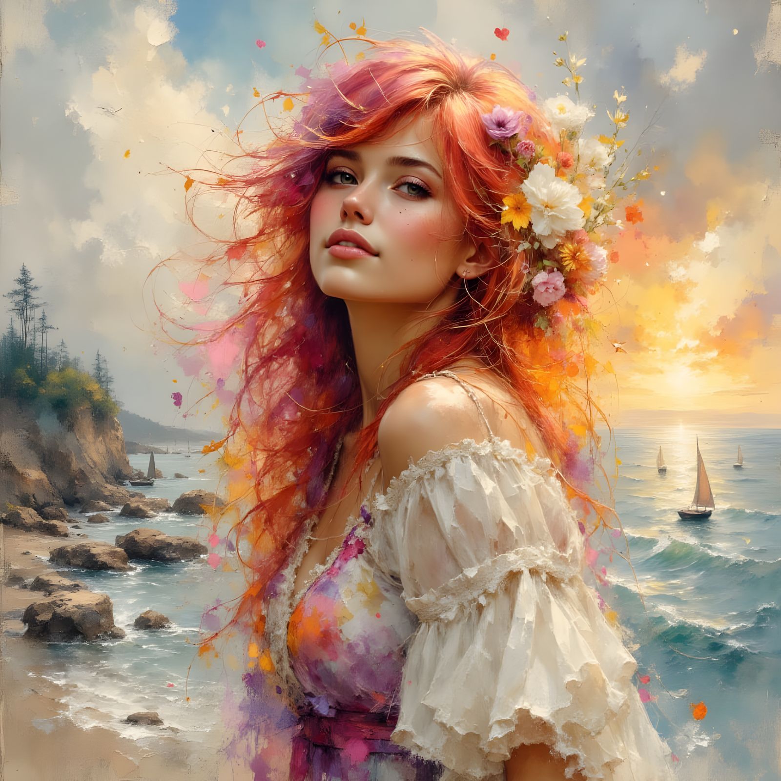 Happy Woman by the Seaside in Impressionistic Style