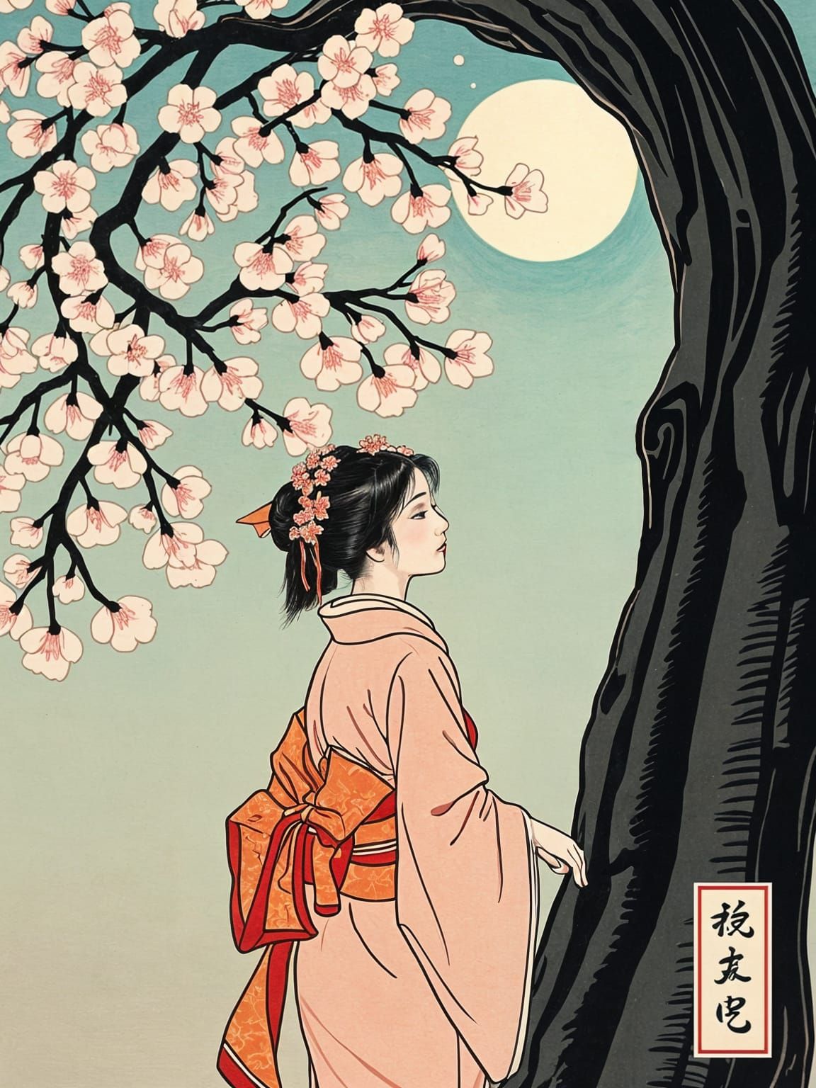 Cherry Blossoms Under Lunar Light in Traditional Japanese St...
