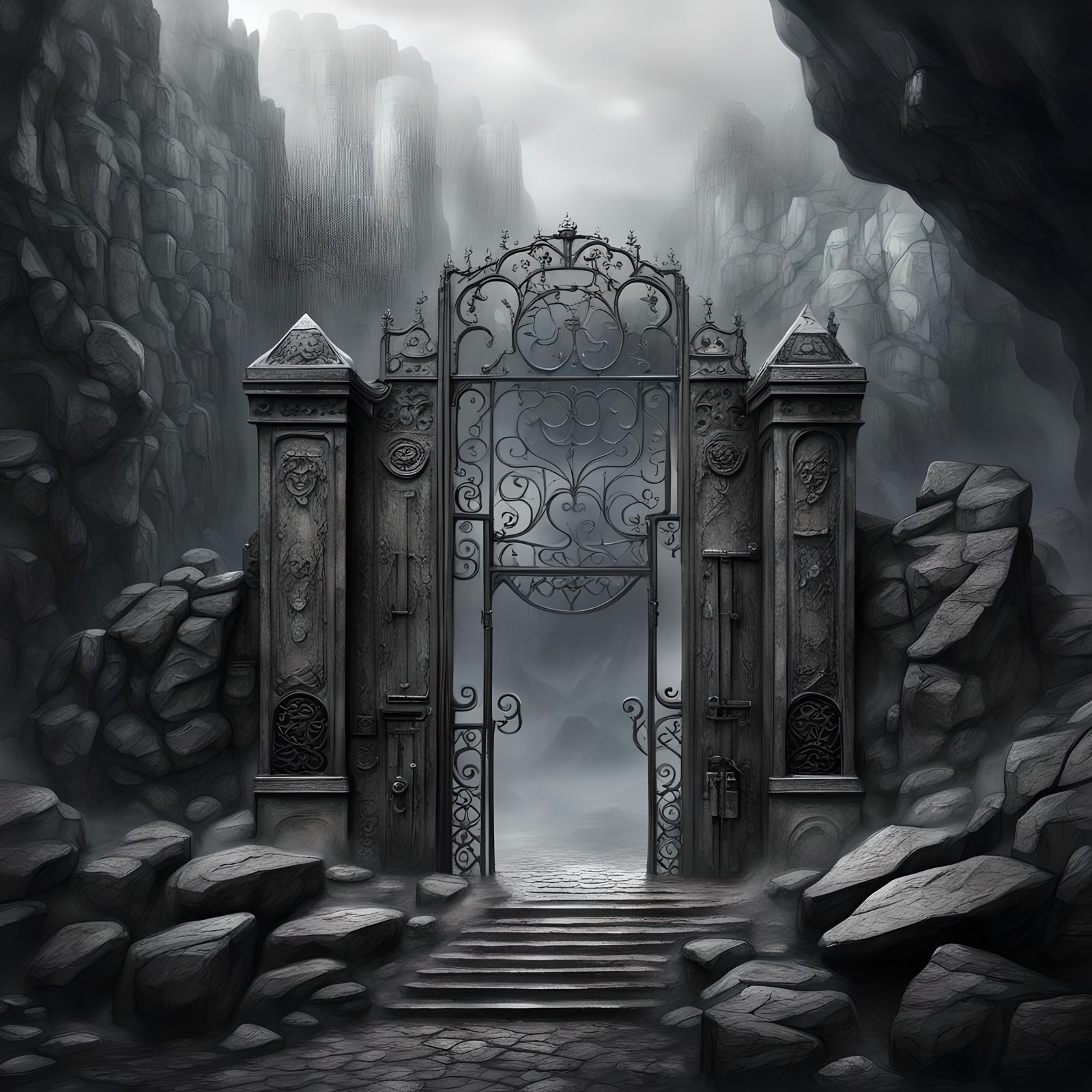 Moria Entrance: Art Deco Gates in Misty Dreamscape