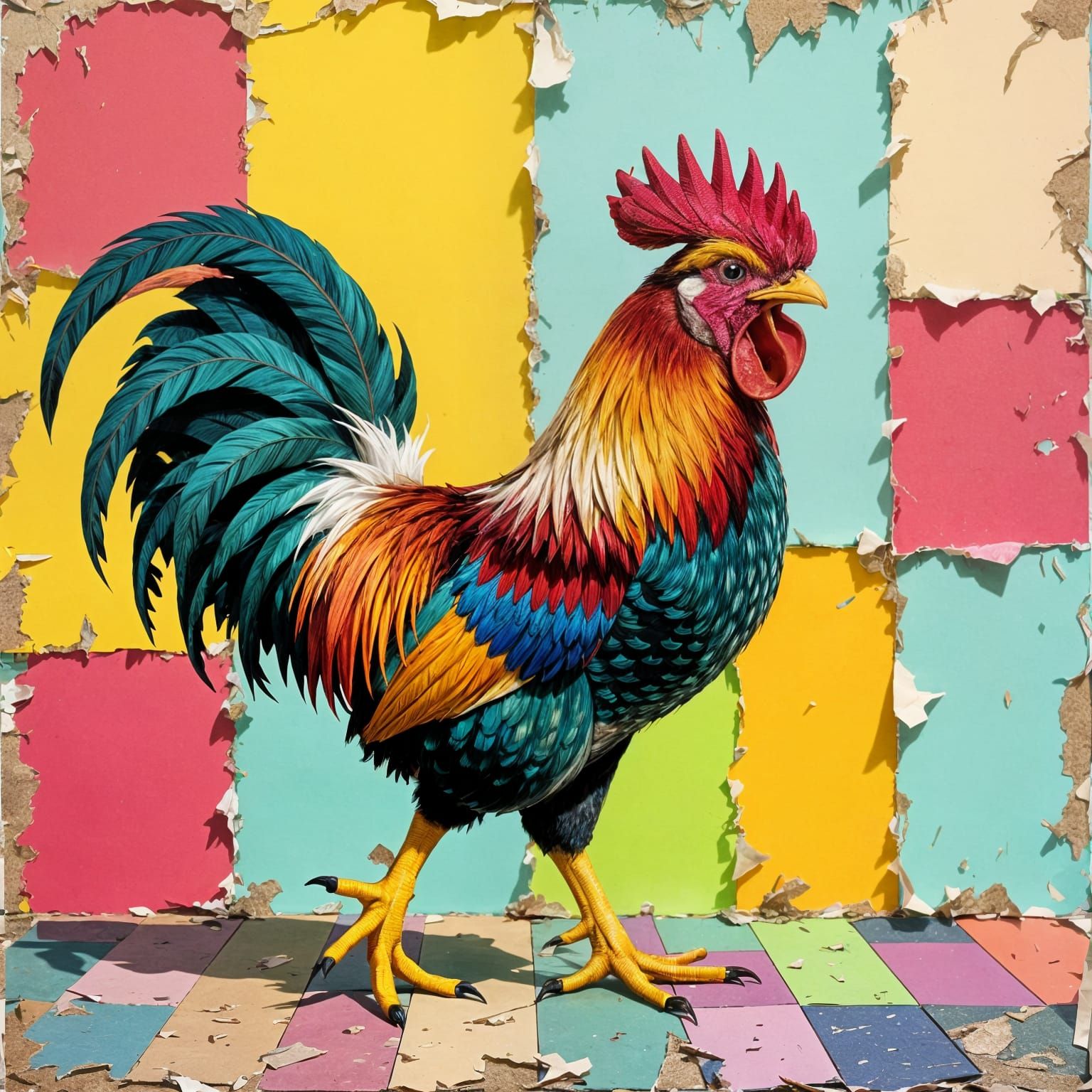 Strutting Rooster Collage with Bold Colors