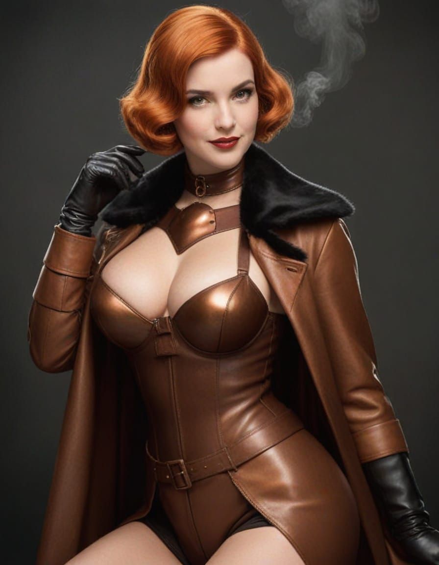 Smirking Copper Leather Figure in Steamy Fog