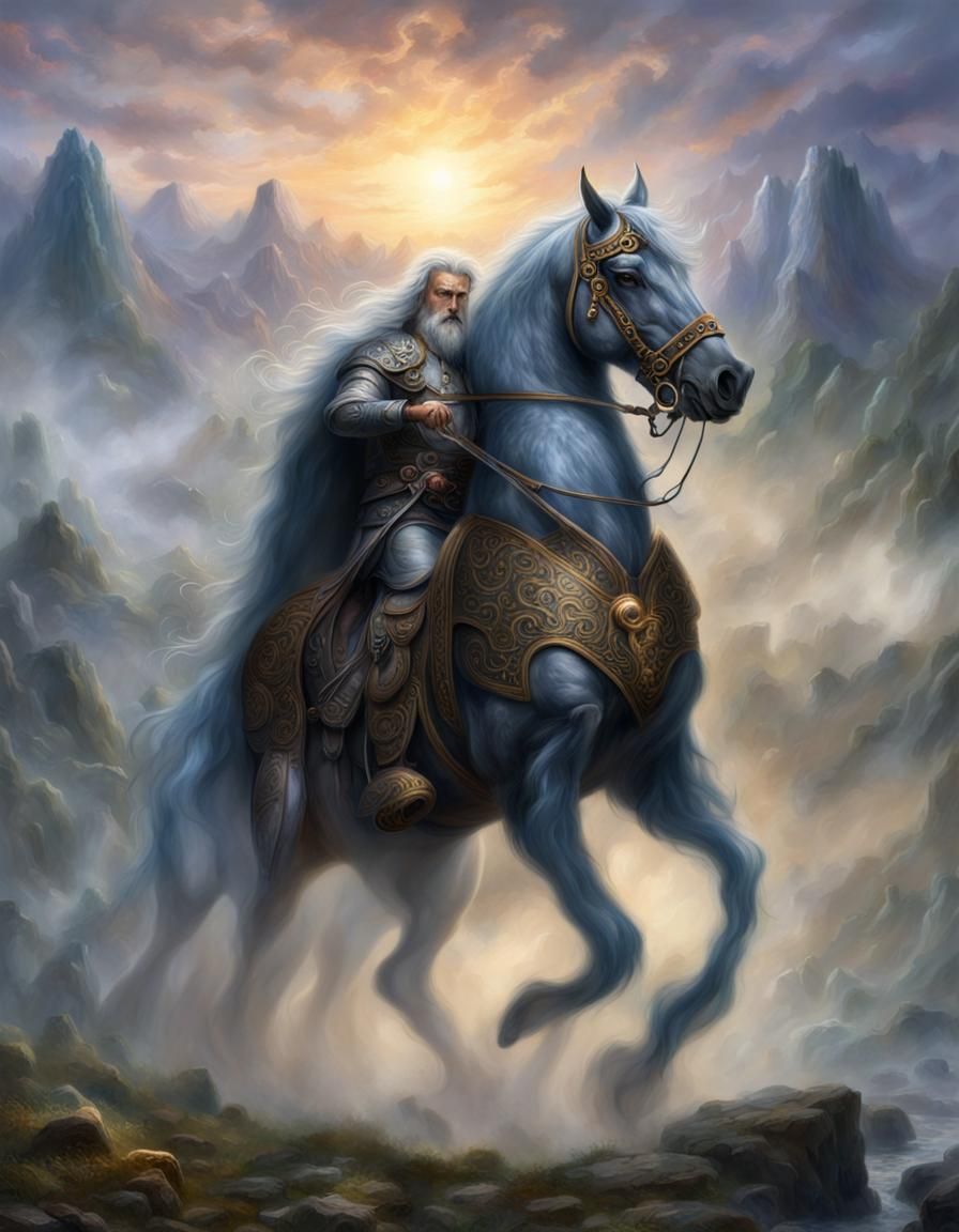 Odin Rides Sleipnir in Ethereal Fantasy Style