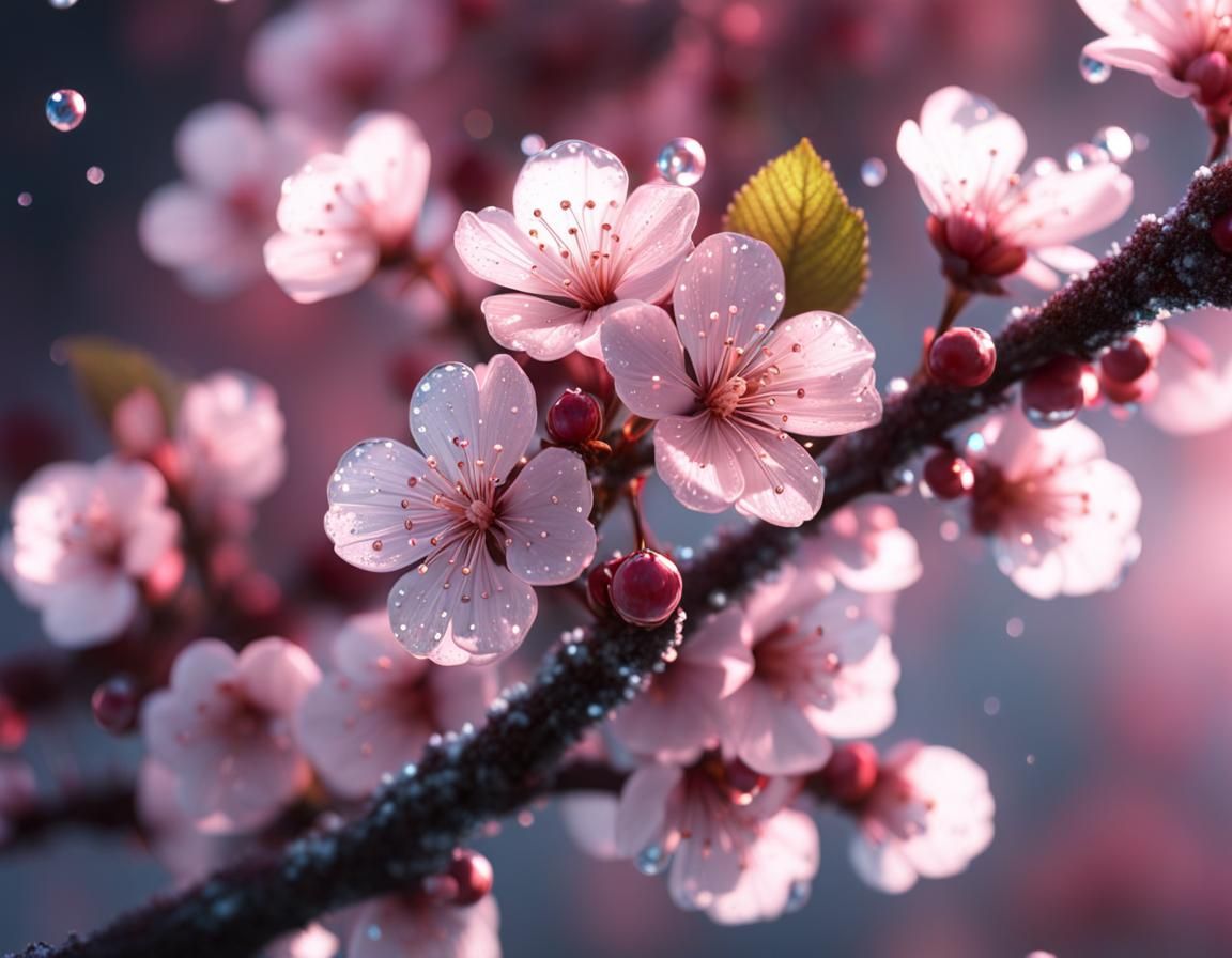 Shimmering Cherry Blossom with Crystalline Dew Drops