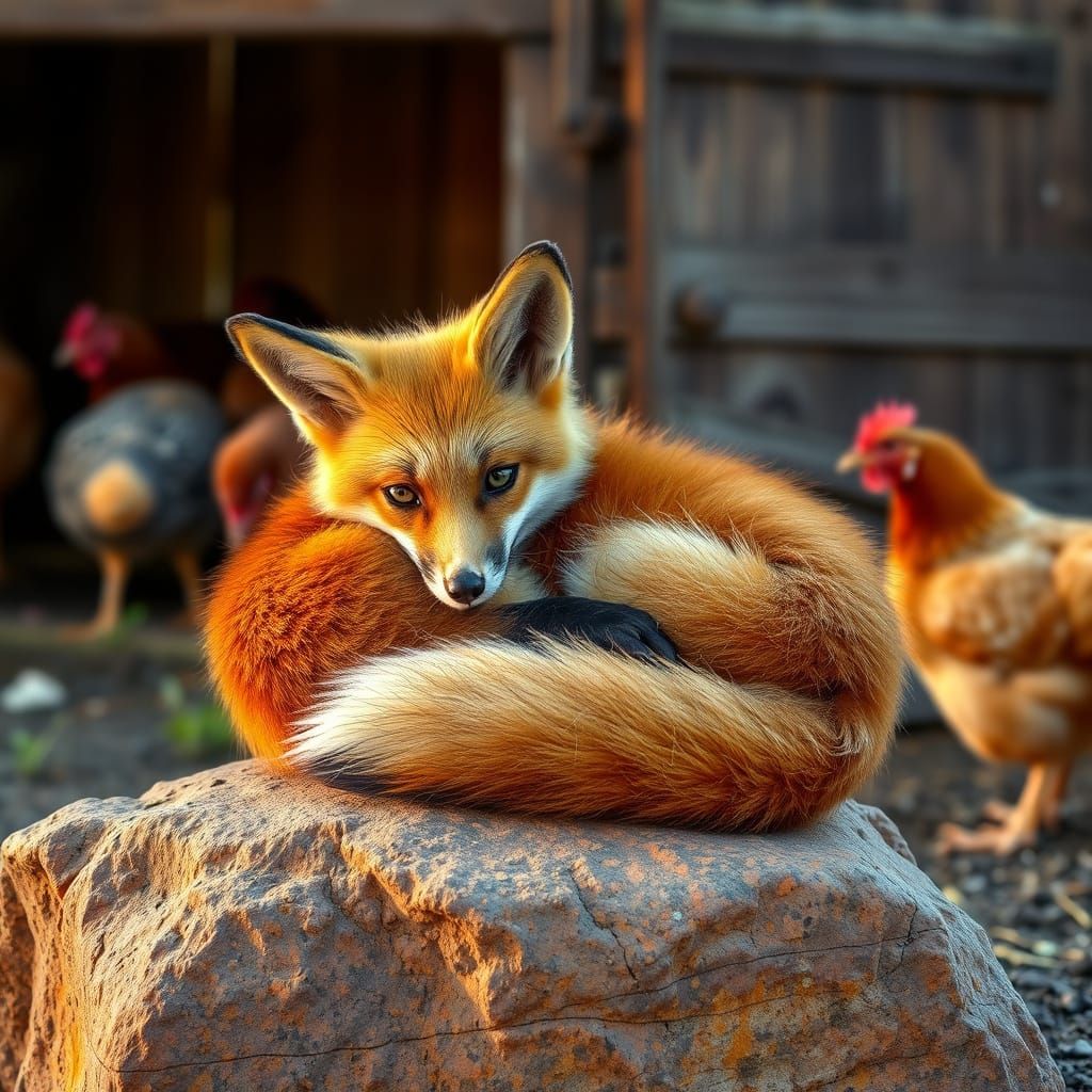 Surreal Wildlife Portrait of a Fox Watching Chickens in Warm...