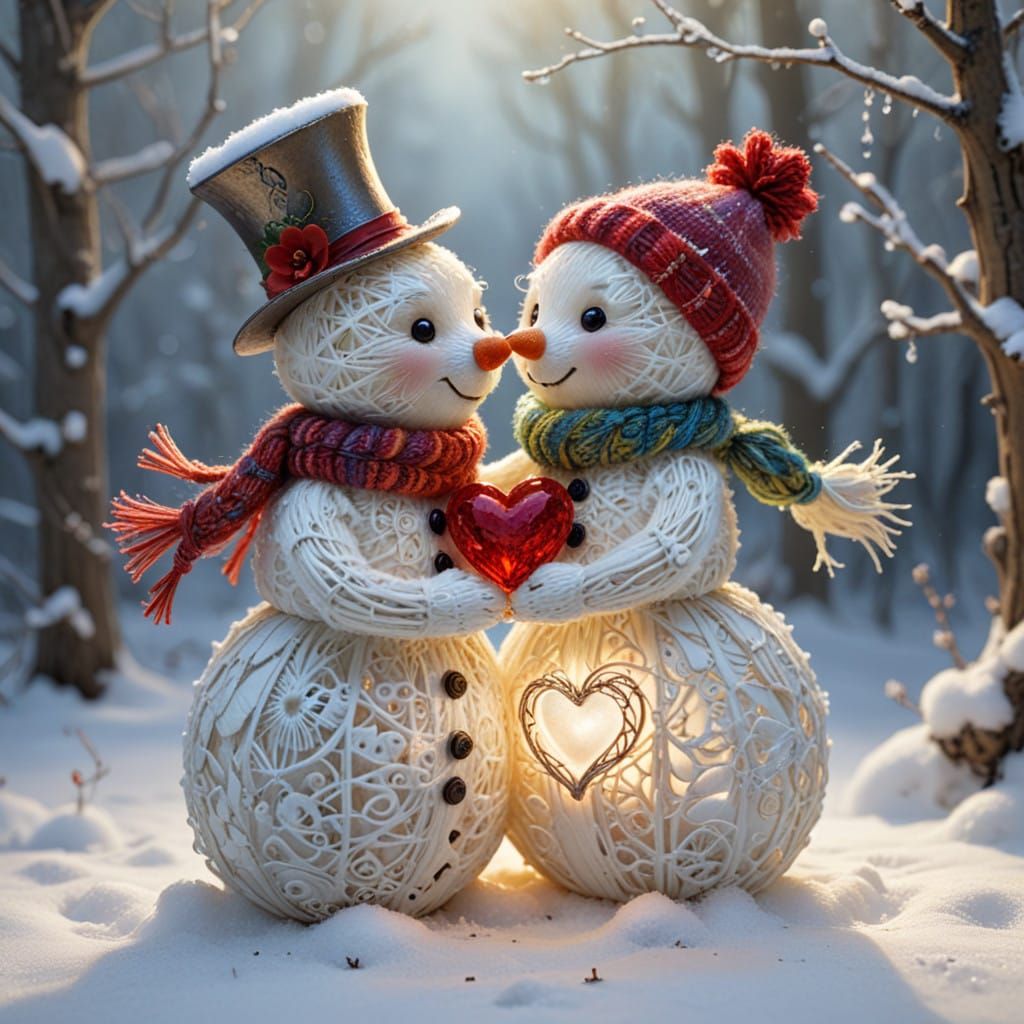 Whimsical Valentine's Day Snowmen in Teddy Bear Style