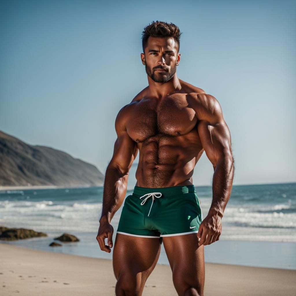 a muscular man at a beach