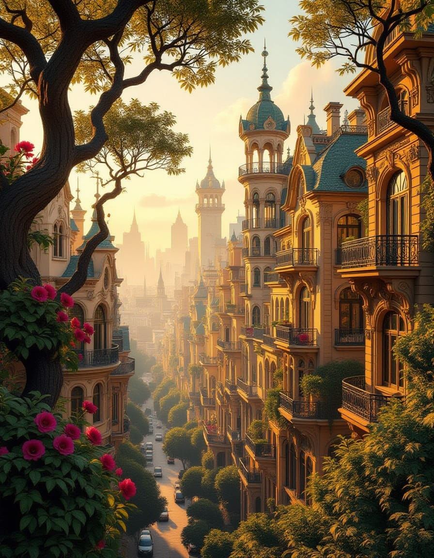 Surreal Cityscape with Gaudí Buildings and Art Nouveau Detai...