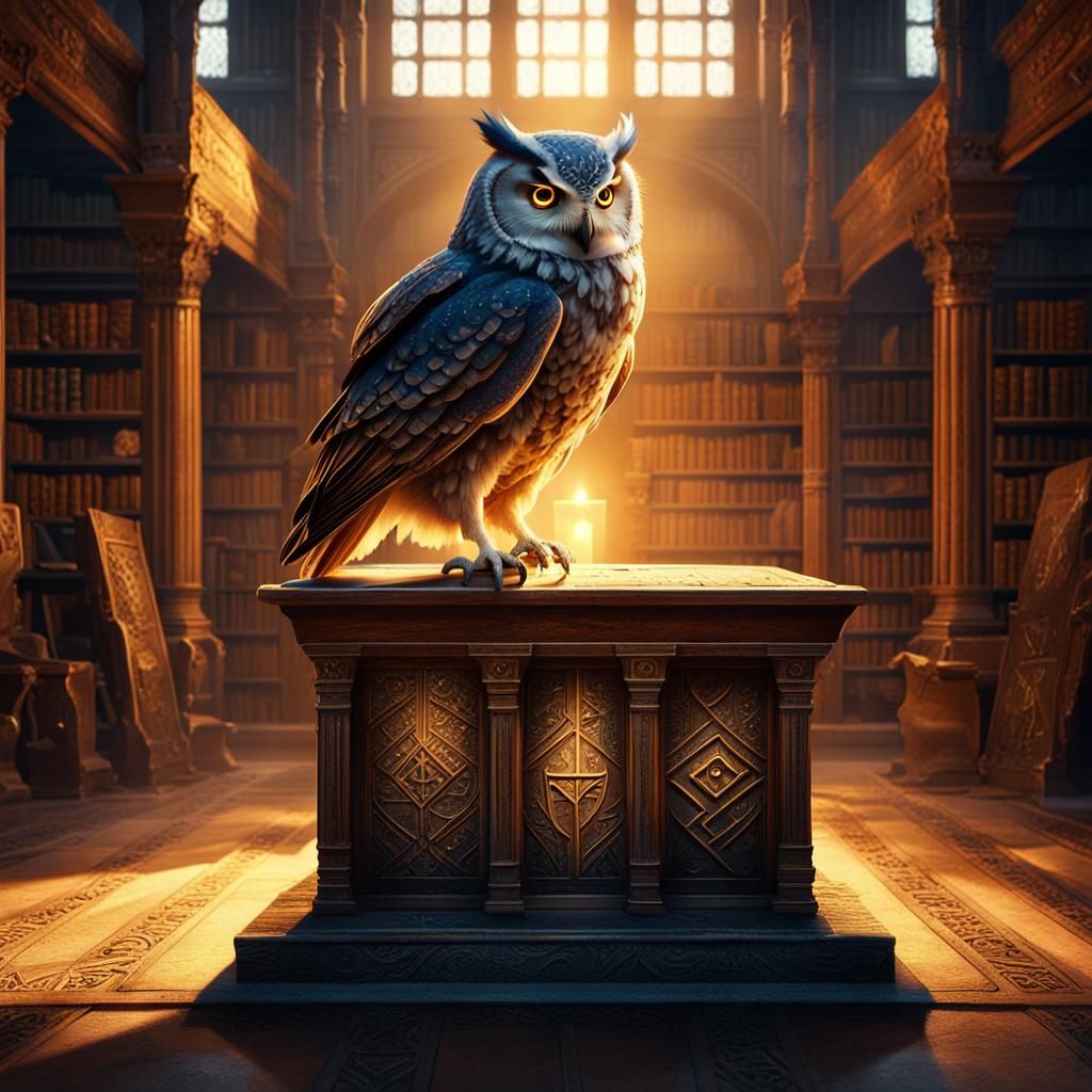 Wise Owl in Ancient Library: Fantasy Concept Art