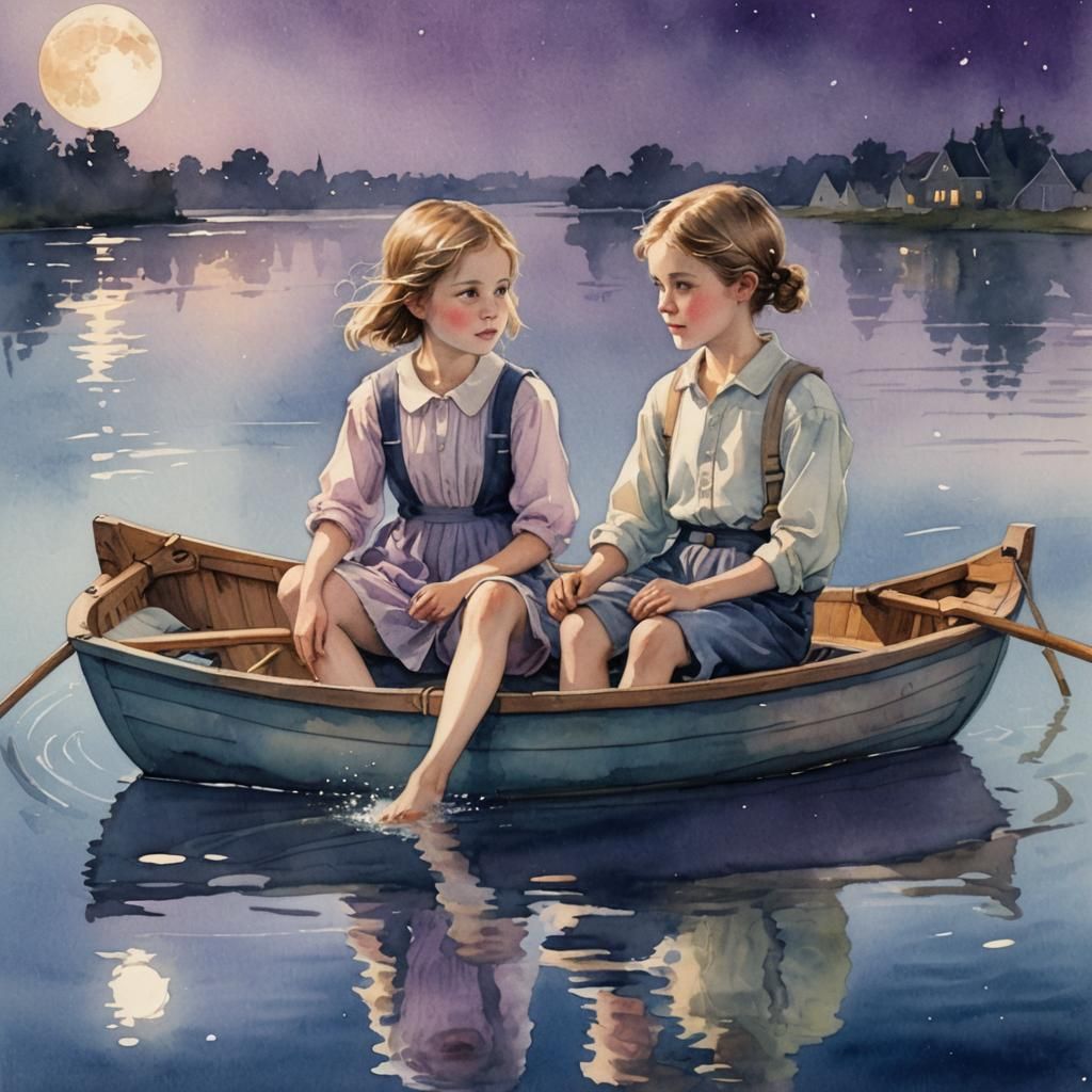 Whispers of Moonlit Serenity: Watercolor Rowboat Scene