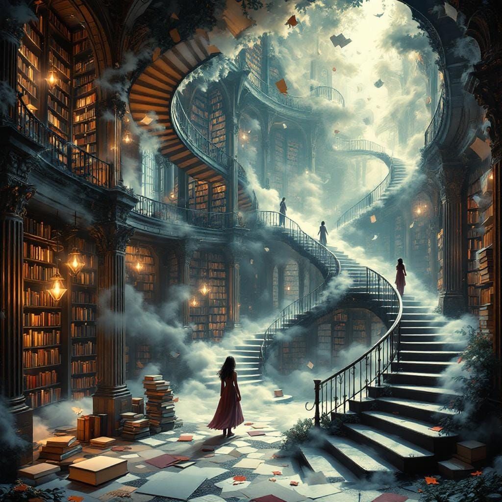 Surreal Library Dreamscape Inspired by Escher and Dali