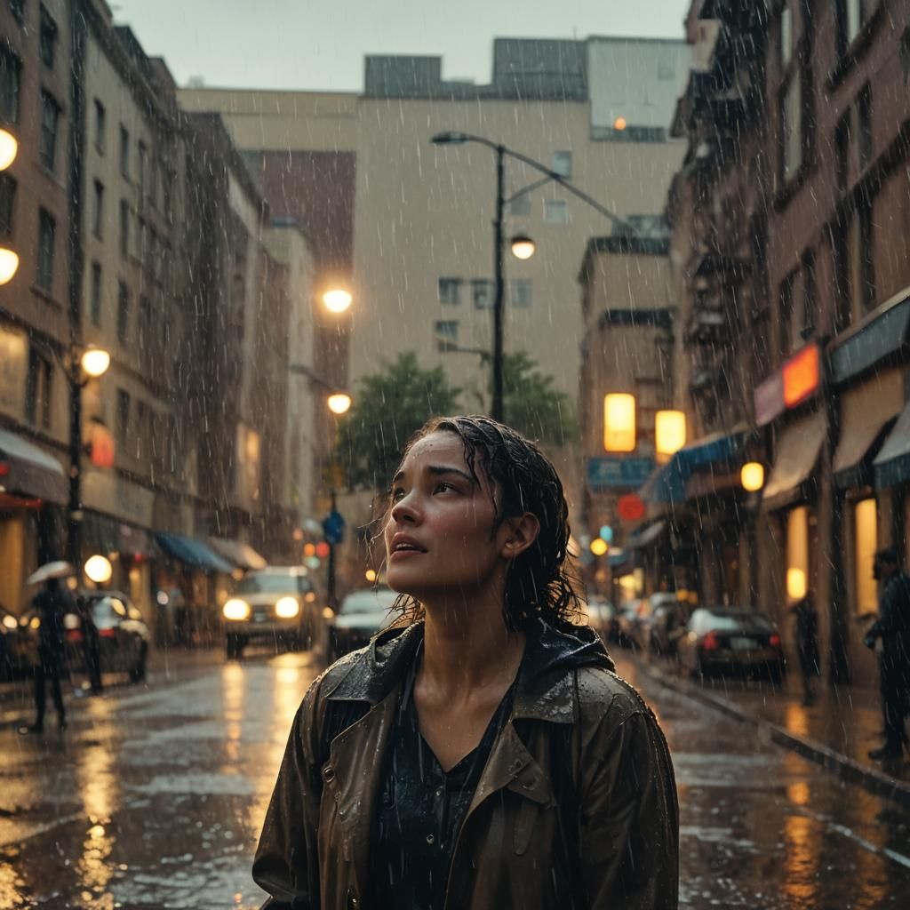 Person Singing in Rain: Cinematic Film Still