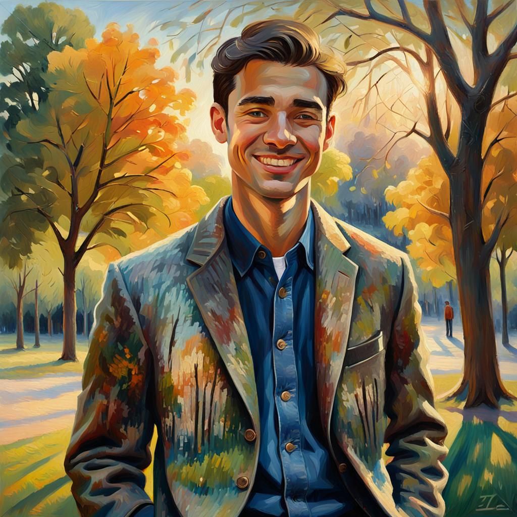 Young Man in Park: Impressionist Oil Painting