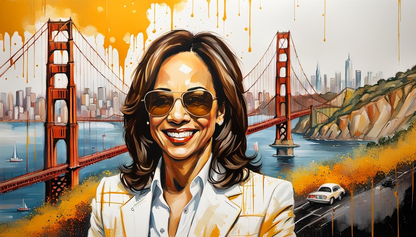 Kamala Harris Graffiti Art with Golden Gate Bridge