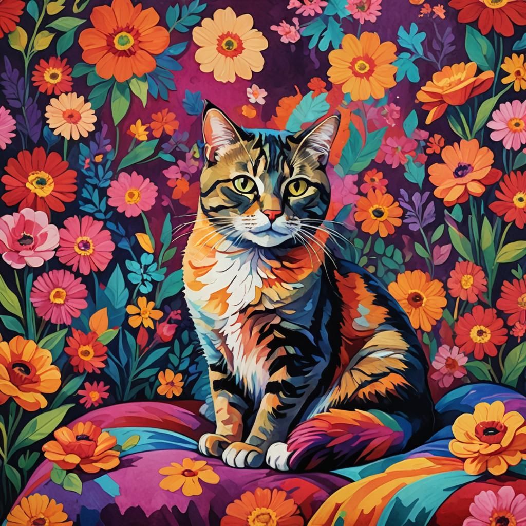 Proud Cat in Fauvist Portrait with Abstract Flowers
