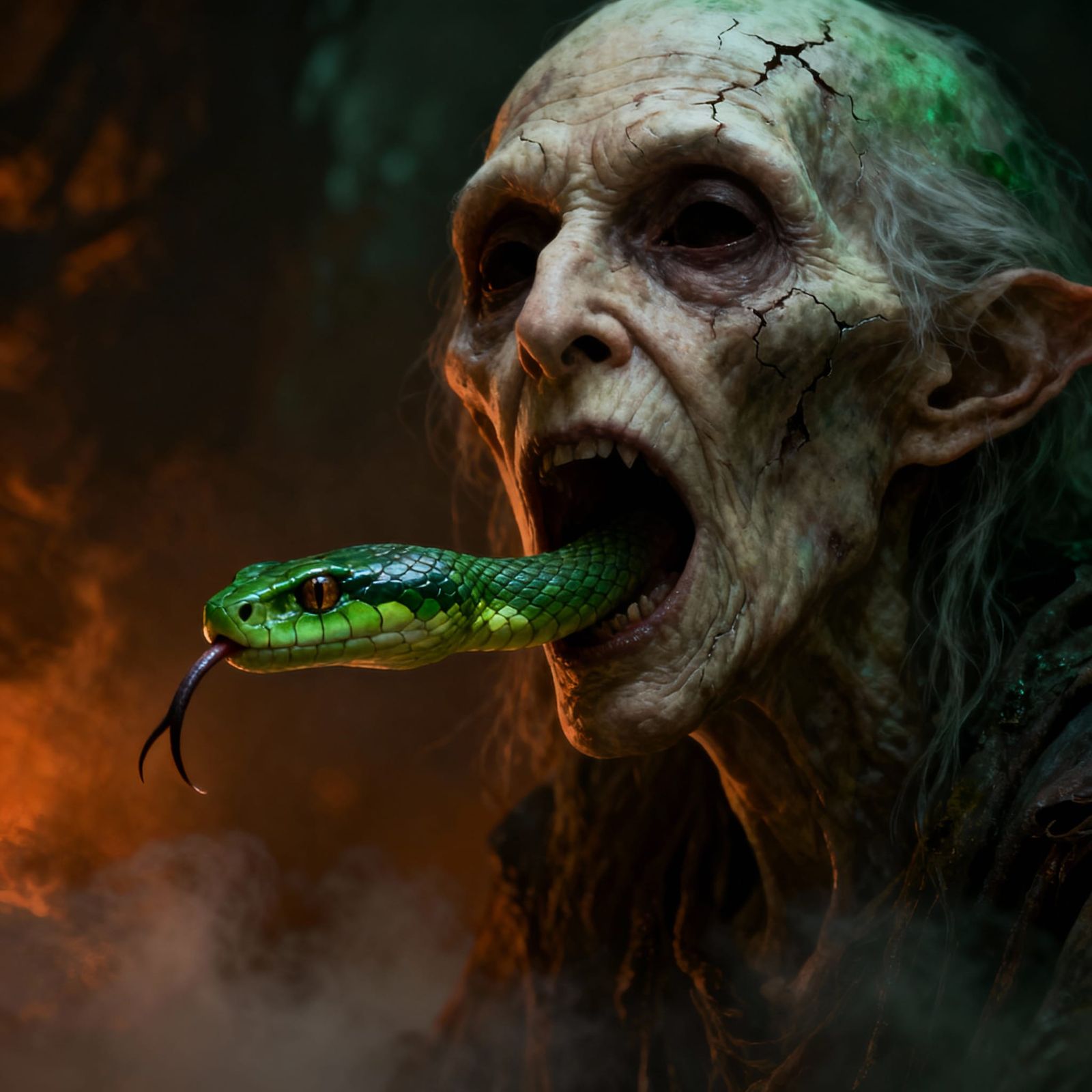 Ancient Crone Entity With Serpent Emerges in Dark Fantasy