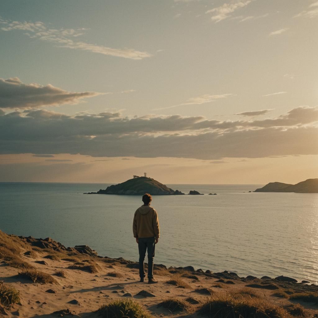 Lone Figure on Deserted Island in Golden Hour Glow