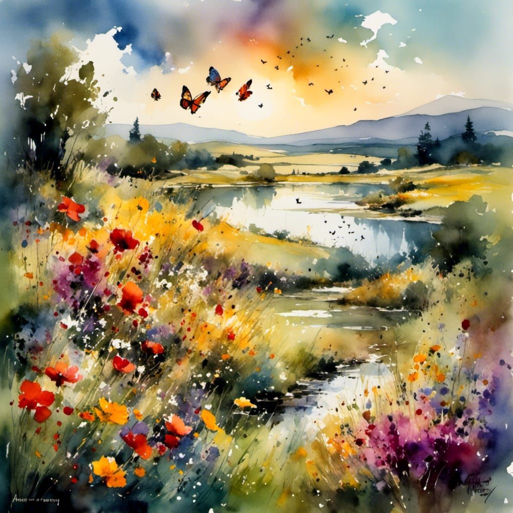 Butterfly Meadow in Digital Watercolor Style