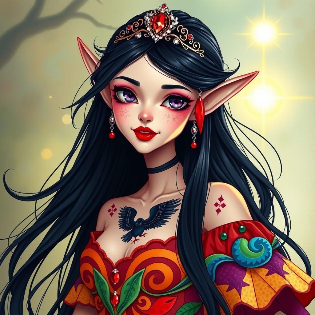 Elegant Fantasy Elf Maiden in Rainbow Brite Attire