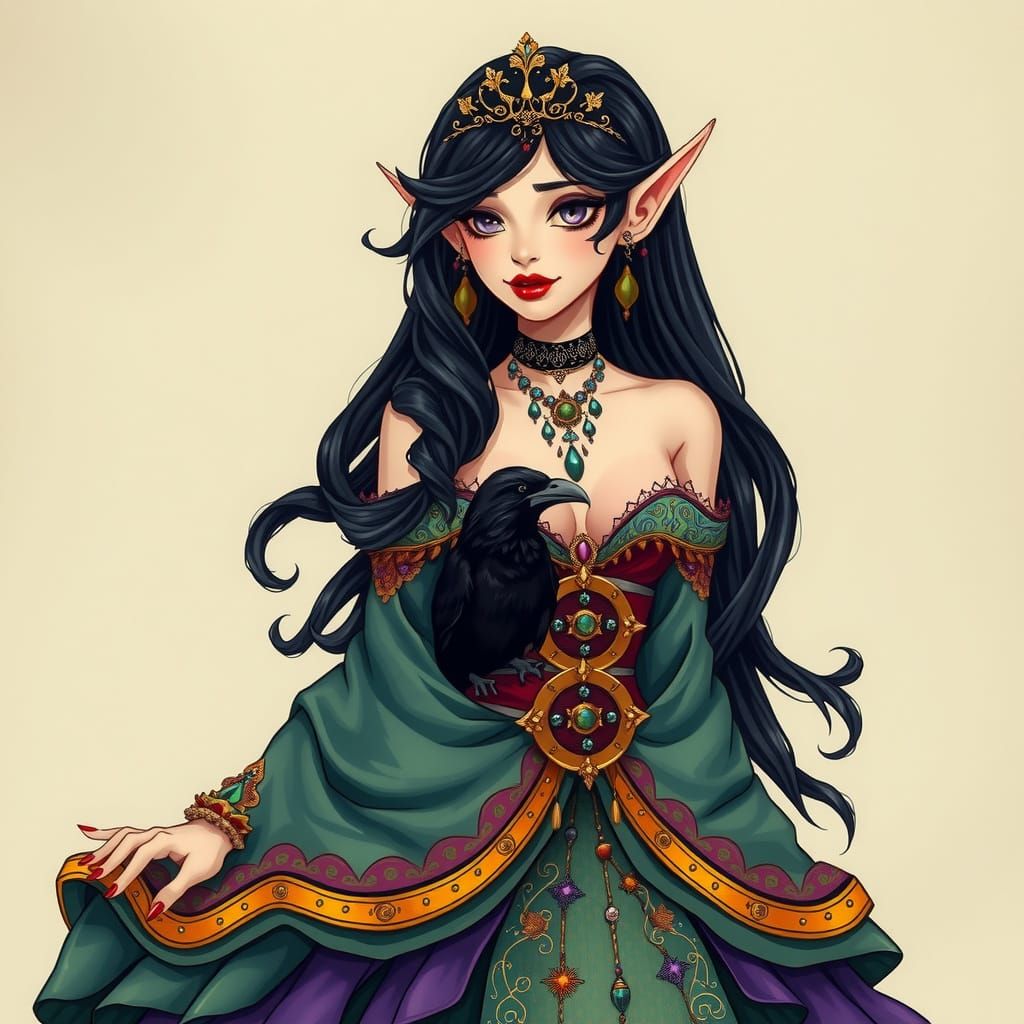 Regal Elf Woman in Rainbow Brite-Inspired Gown with Raven Ta...