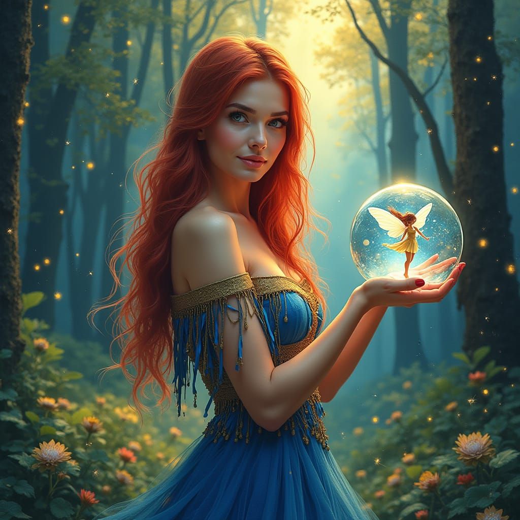Elegant Woman in Magical Forest with Fairy Globe