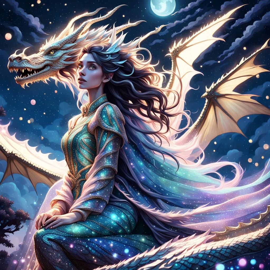Fairy on Dragon in Starry Sky, Disney-esque Style