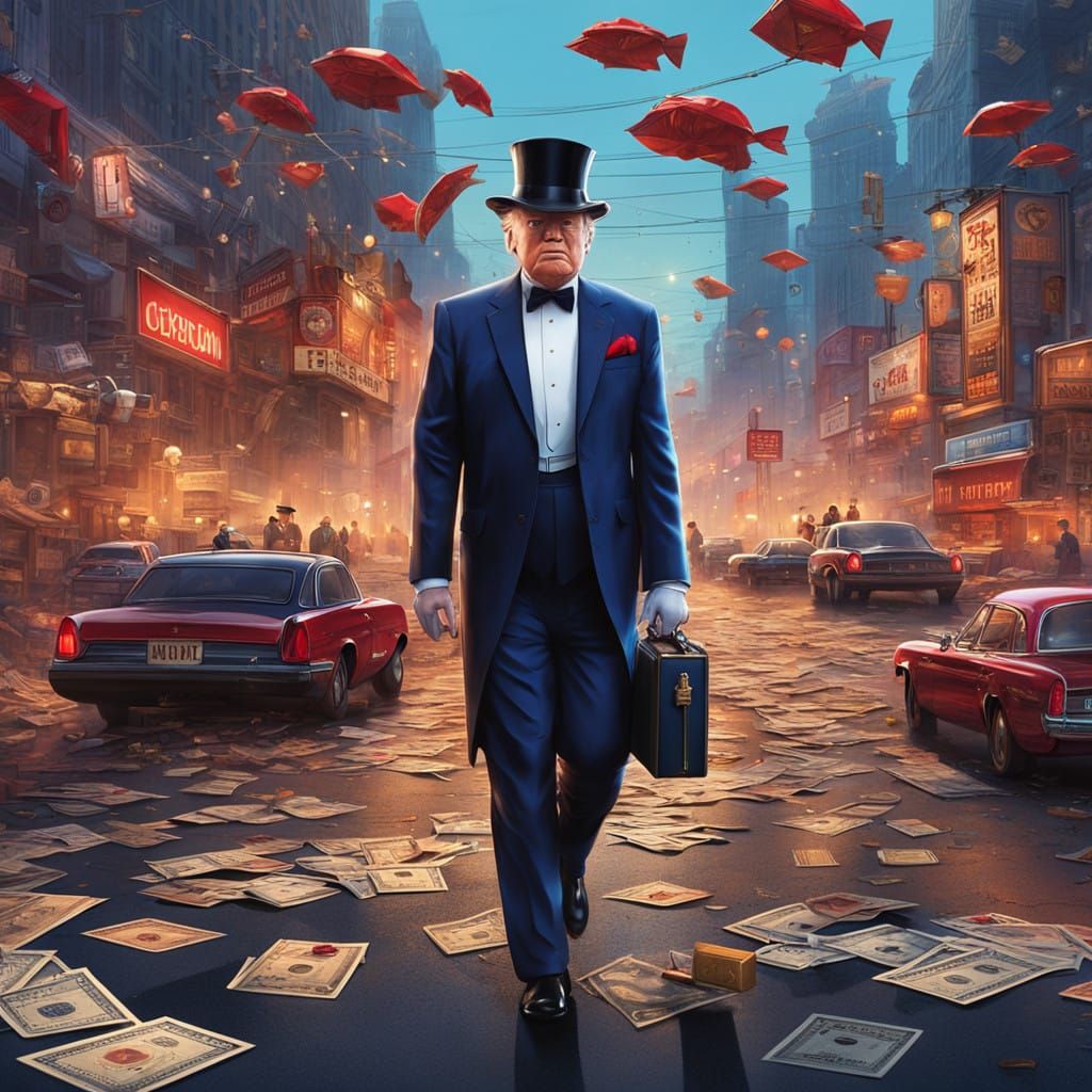 Top-Hatted Monopoly Tycoon Walks City Streets with Donald Tr...