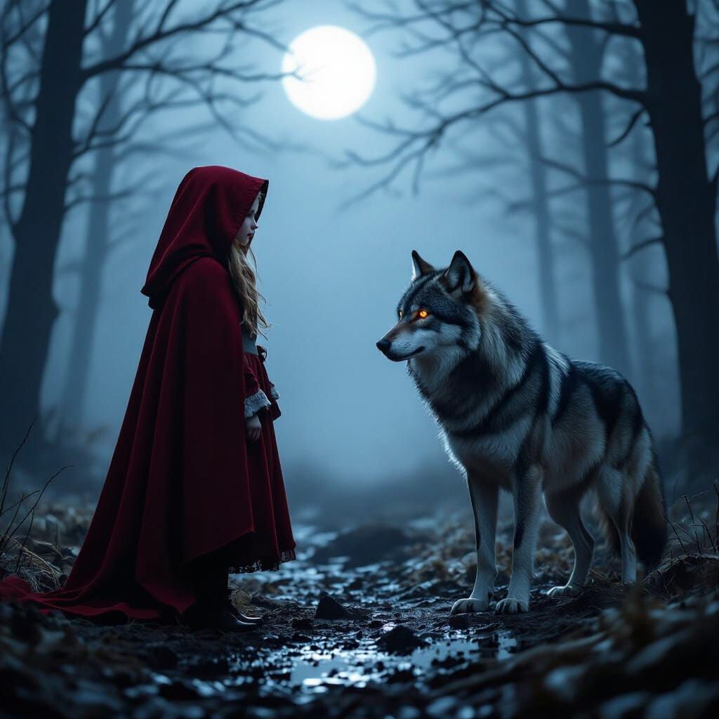 In a cold, misty forest under pale moonlight, Red Riding Hoo...