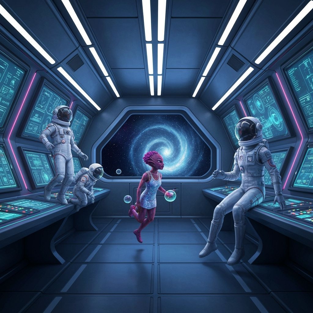 Dreamy Sci-Fi Rocket Interior with Astronauts and Aliens