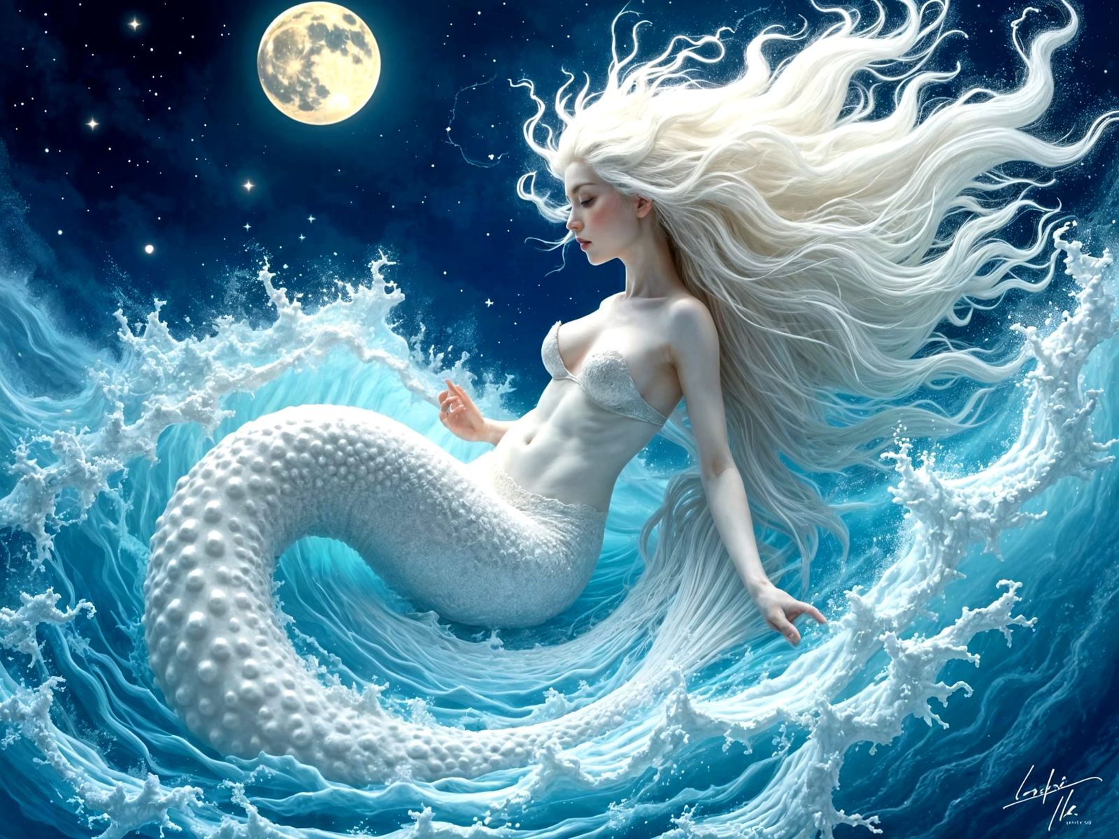 Voluptuous Mermaid with Coral Hair in Moonlight