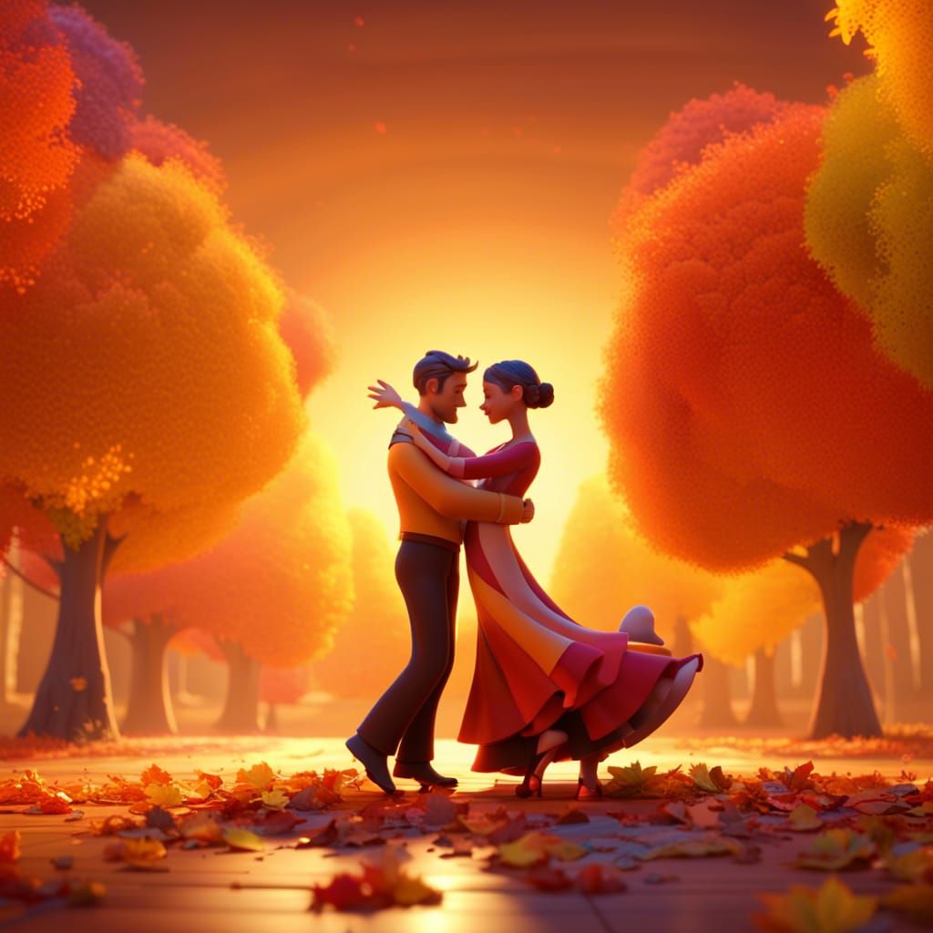 Autumn Couple Dance: Pixar-Inspired 3D Digital Art