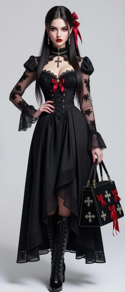 Gothic Woman in Black Lace Gown with Orchid and Bat Motifs