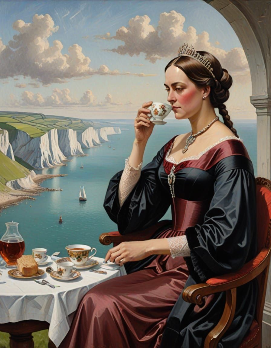 Queen Victoria drinking Tea at The White Cliffs of Dover, Qu...