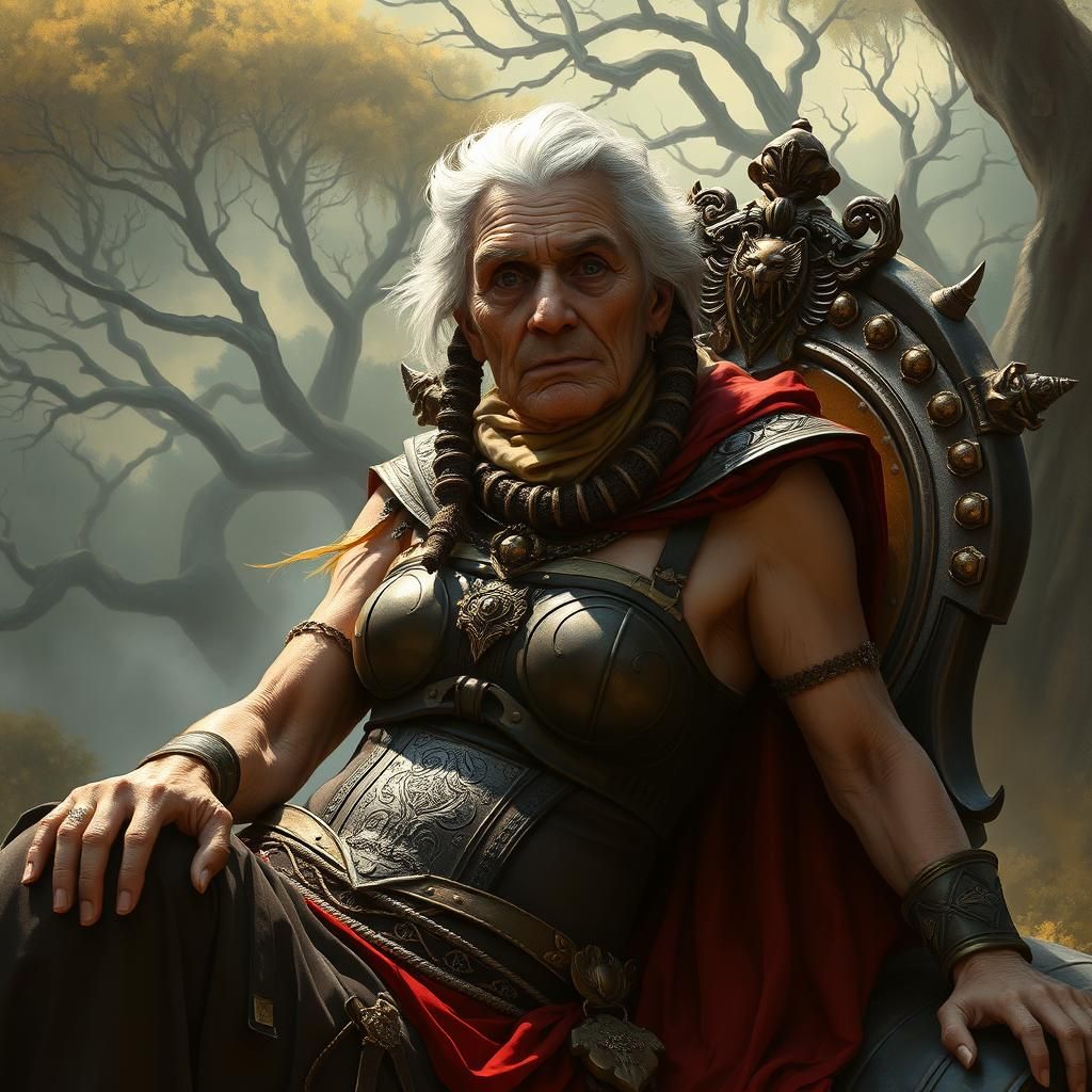 Elderly Xena in Mythical Greece, as Digital Art Nouveau