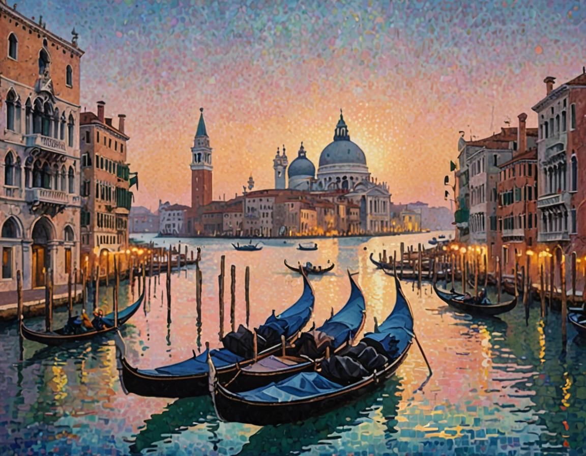 Venice Gondolas in Pointillist Impressionism