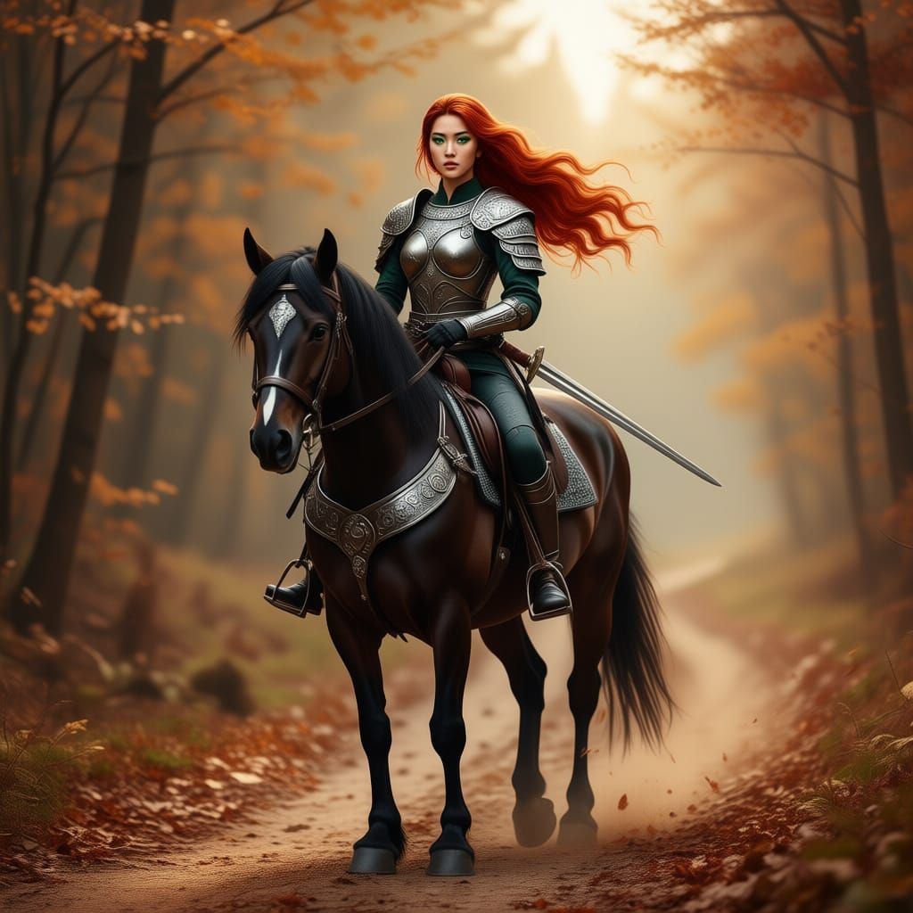 Brave Warrior Woman Rides Black Stallion Through Autumn Fore...