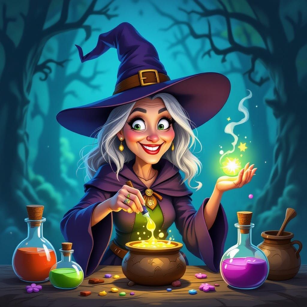 Caricature of a Witch Brewing Potions