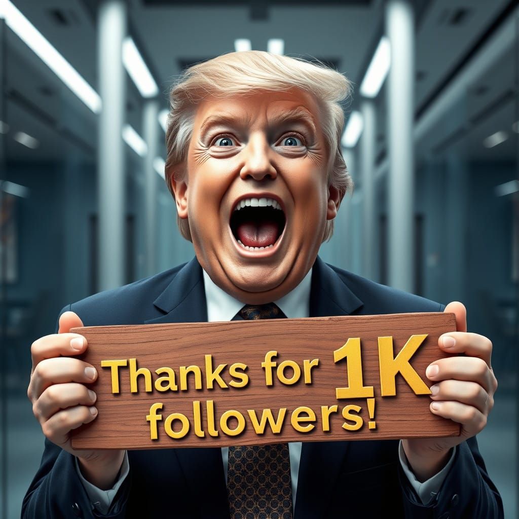 Thrilled Donald Trump in Business Suit, Holding Sign, agains...