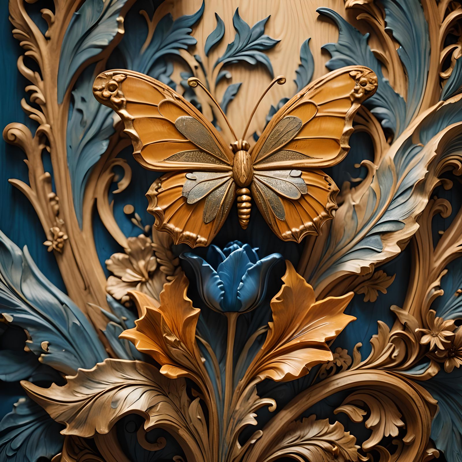 Maple Wood Sculpture of Butterfly on Tulip