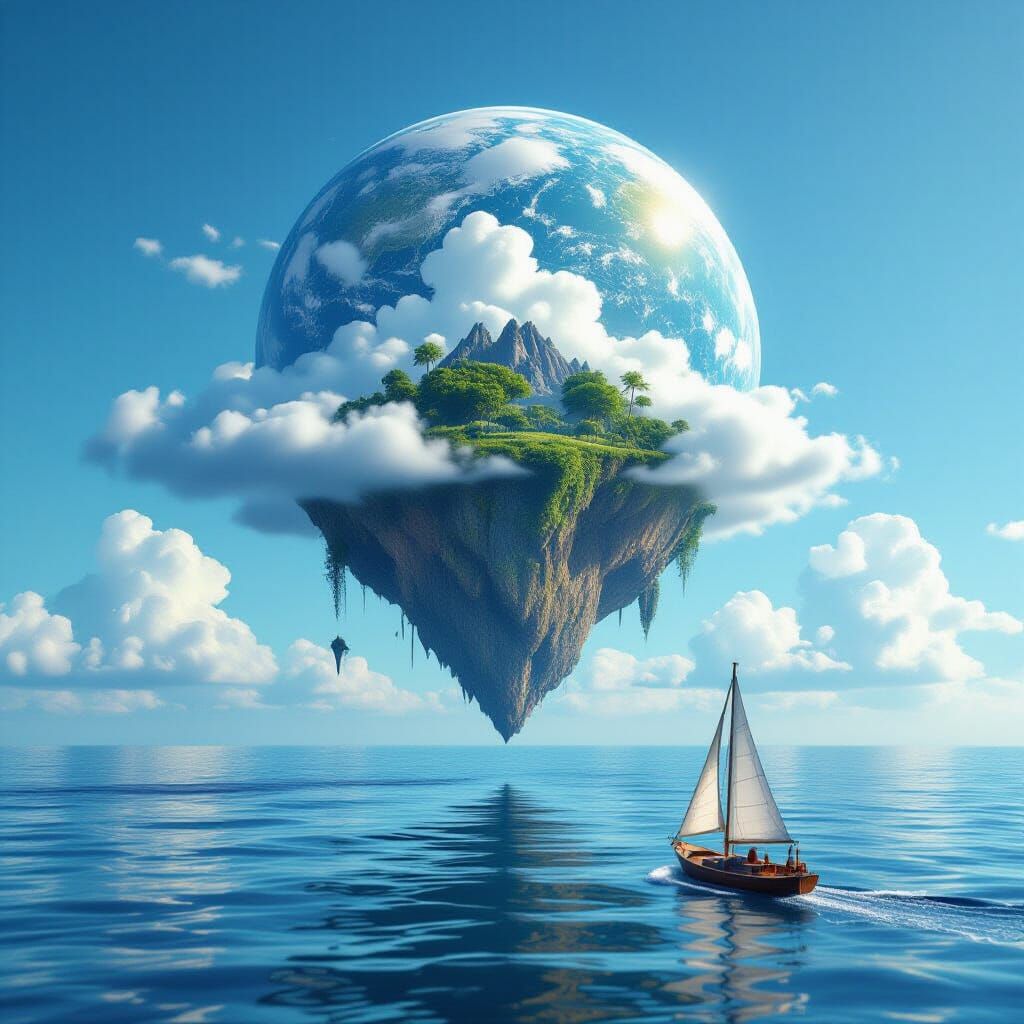 island planet floats above a cloud while boat sail below across the water planet