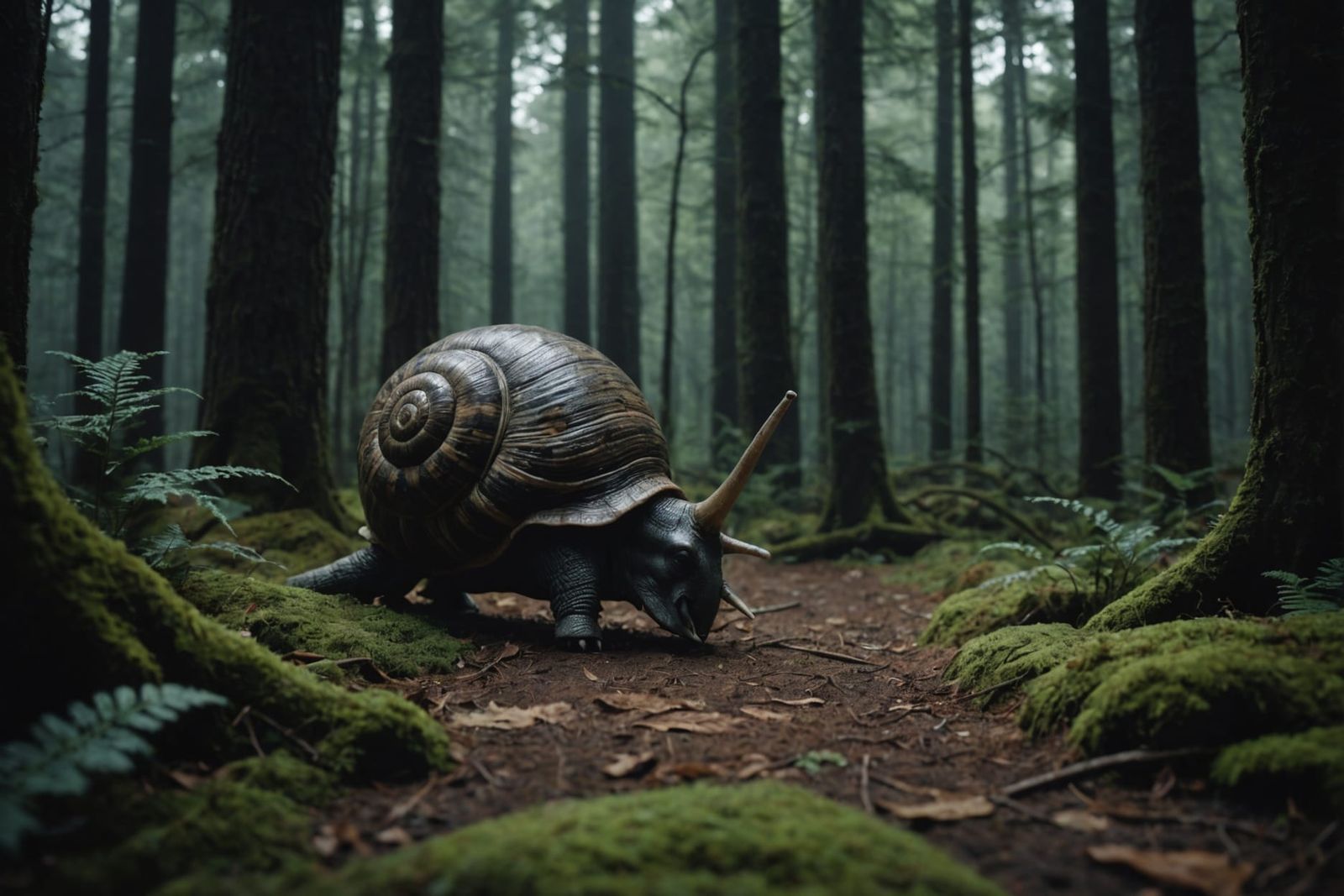 Hyperrealistic Snailephant Running Through Dark Forest