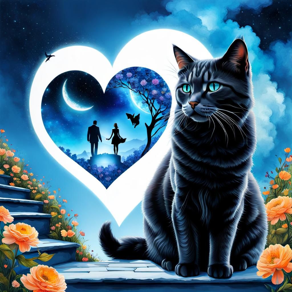 Cat Silhouette of Love and Memories in Digital Art