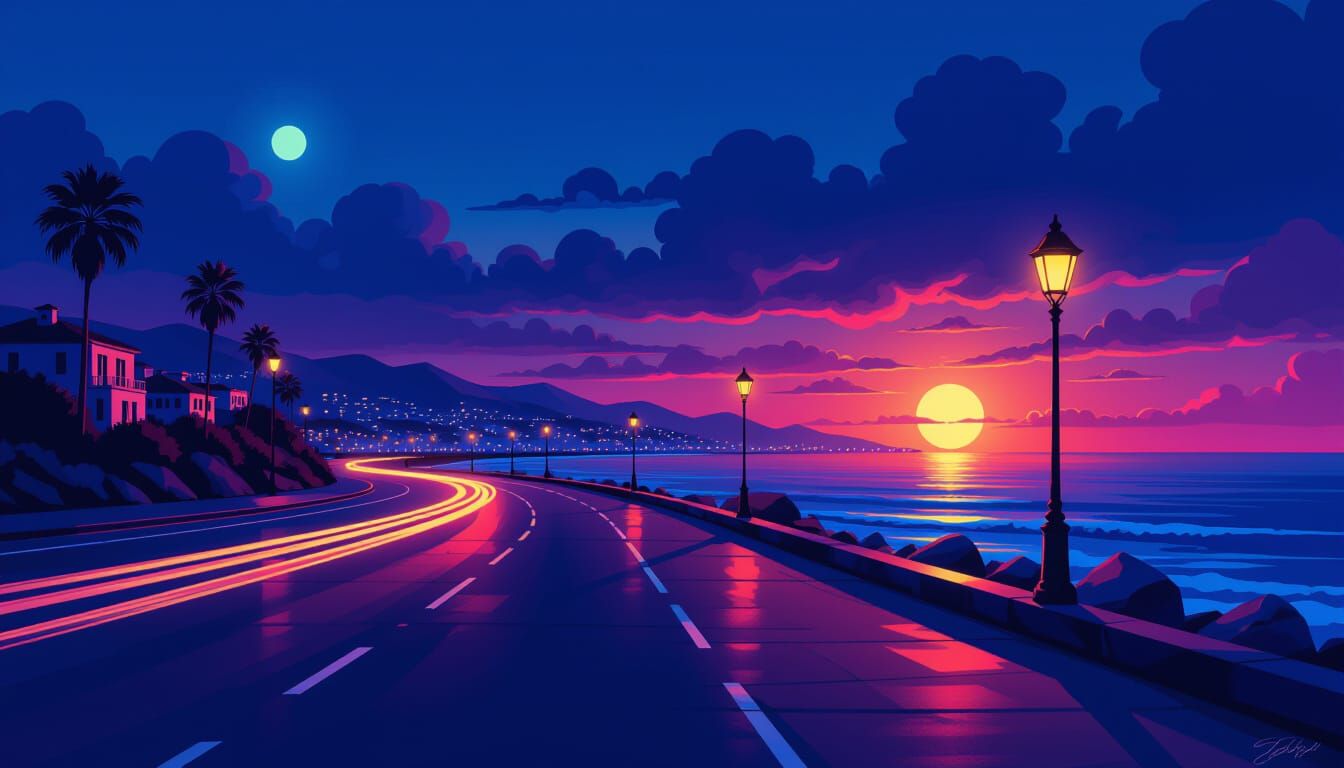 Mysterious Coastal Boulevard at Night in Digital Matte Style