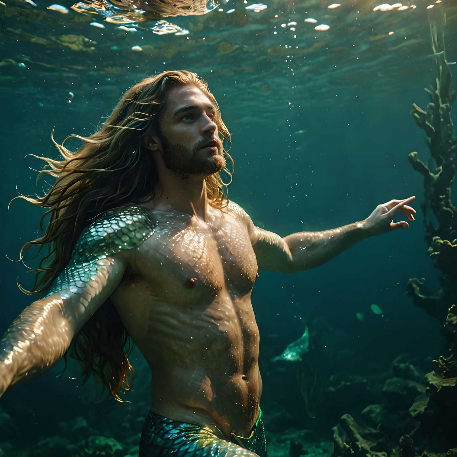 Hyperrealistic Merman Swimming Underwater in Cinematic Style