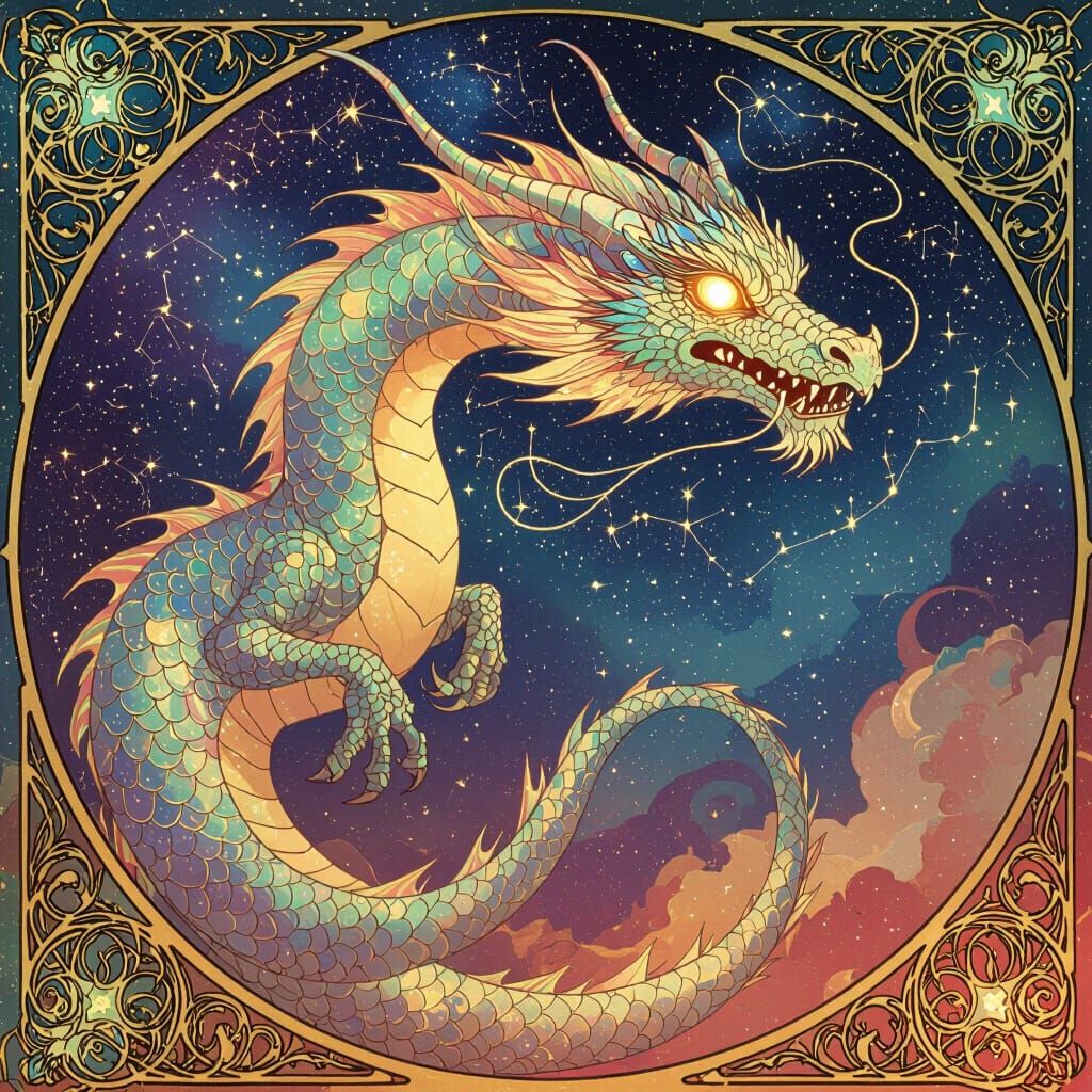Celestial Dragon Soaring Through Nebula in Art Nouveau Style